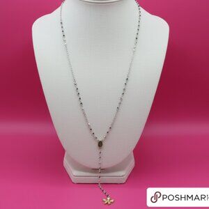 Lucky brand Y drop pave and floral accent silvertone necklace
